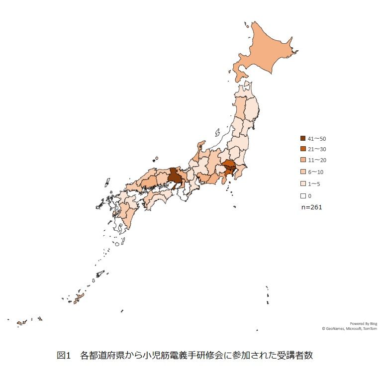 図1 各都道府県の小児筋電義手研修会参加者数を色で示した日本地図