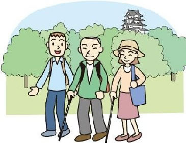 利用者職員が一緒に姫路城に屋外レクリエーションを行っている様子のイラスト