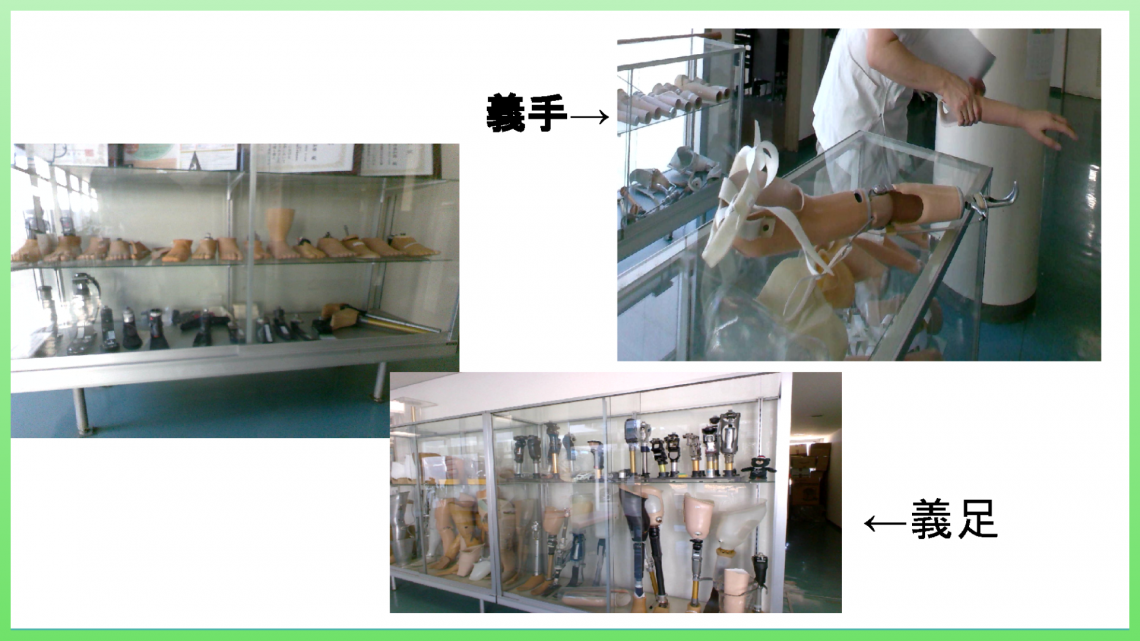 義肢装具士が製作したさまざまな形状の義手、義足の画像です。