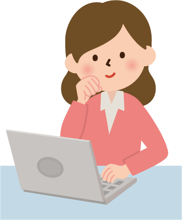 イラスト。 ノートパソコン操作をしている女性。