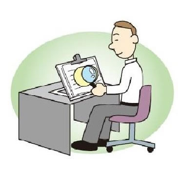 書見台でルーペを使い印刷物を読んでいる様子のイラスト